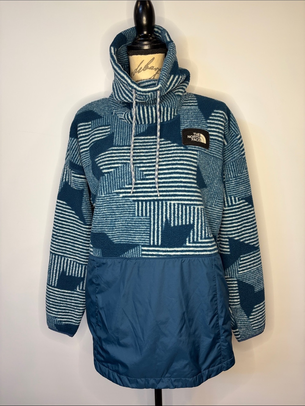 The North Face Riit cowl funnel neck fleece kangaroo pocket pullover teal blue L